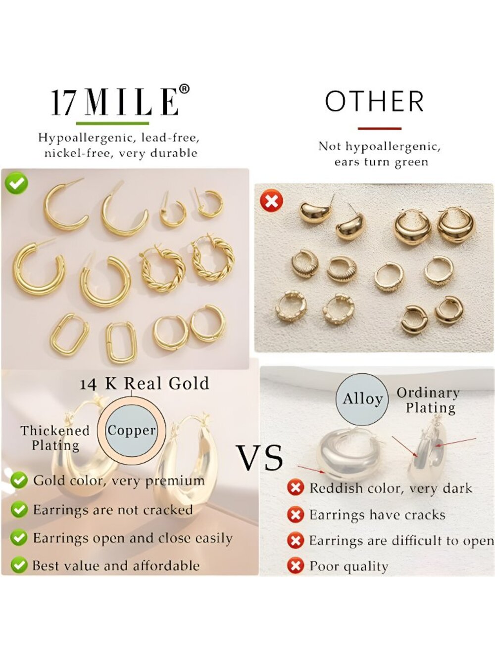 6 Pairs 14K Gold Plated Lightweight Hypoallergenic Chunky Open Hoops Jewelry